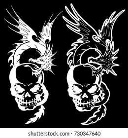 skull and dragon illustration,