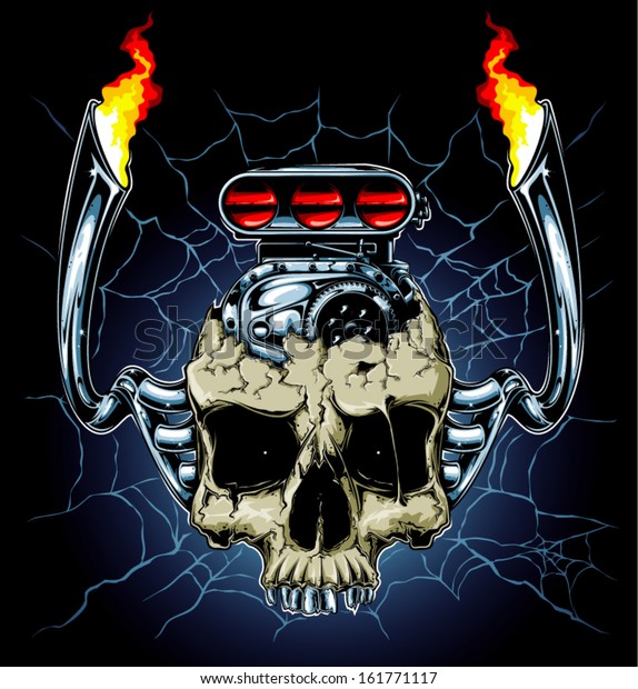 Skull with dragster\
engine