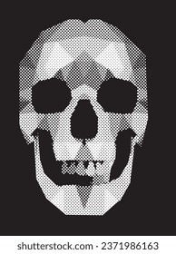 Skull drawing made with white halftone. Halloween accessories. Vector illustration isolated on black background.