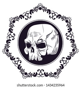 skull drawn in black and white tattoo icon in round icon flower hexagonal arrangement vector illustration graphic design