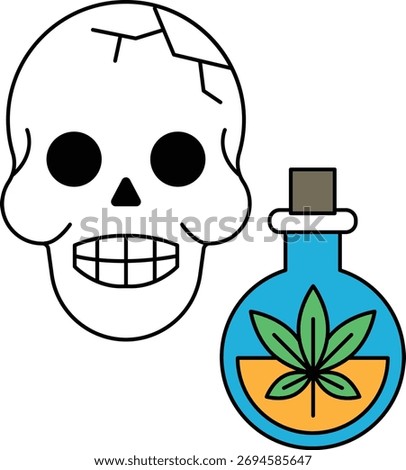 A skull is drawn with a bottle of marijuana next to it. The skull has a smile on its face, which is a bit odd considering the context. The bottle of marijuana is placed on a white background
