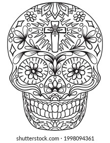 Skull drawn with flowers and crucifix for coloring on a white background, vector, Day of the Dead, Mexican Festival.