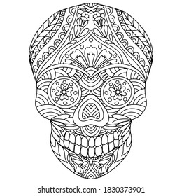 skull drawn with folk style flowers and abstract ornaments on a white background for coloring, vector, skull, halloween