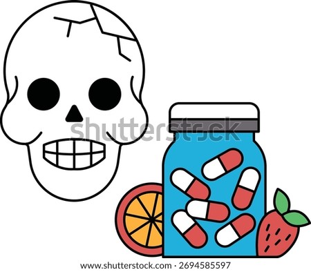 A skull is drawn next to a jar of pills and a piece of fruit. The skull is smiling and the jar of pills is full. Concept of mortality and the importance of taking care of one's health