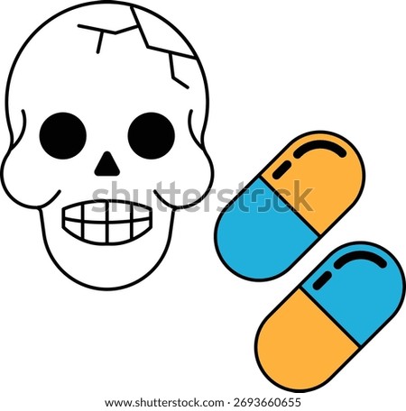 A skull is drawn with a pill in the background. The skull is drawn with a broken jaw and a missing eye. Scene is dark and ominous