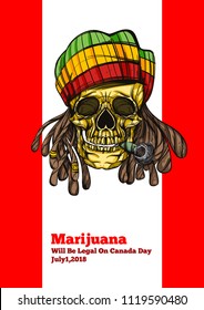 Skull with dreadlocks and a cigarette in a rastaman beret on the background of the Canadian flag. Legalization of marijuana.
