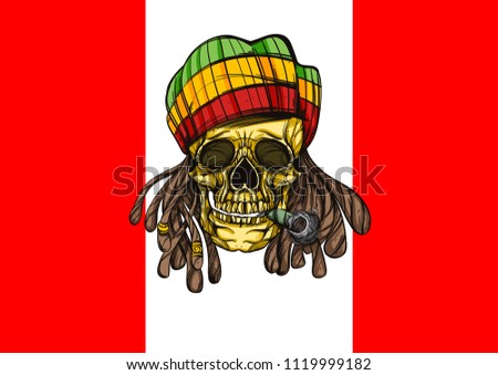 Skull with dreadlocks and a cigarette in a rastaman beret on the background of the Canadian flag. Legalization of marijuana.