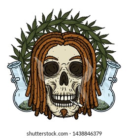 Skull with dreadlocks. Rastaman Skull. Vector illustration isolated on white background. 