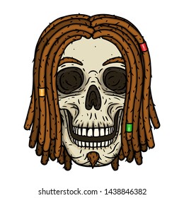 Skull with dreadlocks. Rastaman Skull. Vector illustration isolated on white background. 
