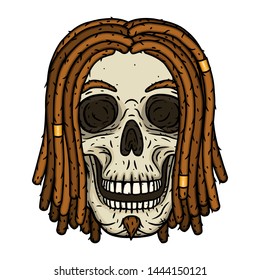 Skull with dreadlocks. Rastaman Skull. Vector illustration isolated on white background. 