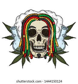 Skull with dreadlocks. Rastaman Skull. Vector illustration isolated on white background. 
