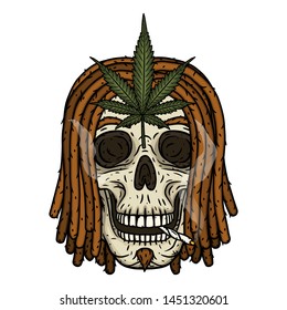 Skull with dreadlocks. Rastaman Skull. Vector illustration isolated on white background. 