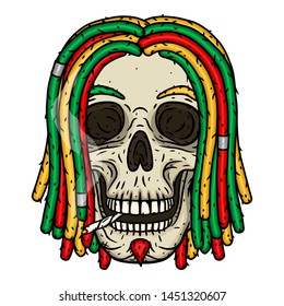 Skull with dreadlocks. Rastaman Skull. Vector illustration isolated on white background. 
