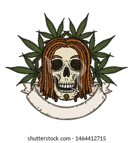 Skull. Skull with dreadlocks. Rastaman Skull. Vector illustration isolated on white background. 