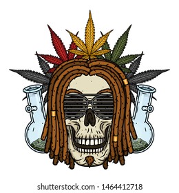 Skull. Skull with dreadlocks. Rastaman Skull. Vector illustration isolated on white background. 