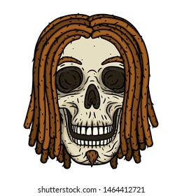 Skull. Skull with dreadlocks. Rastaman Skull. Vector illustration isolated on white background. 