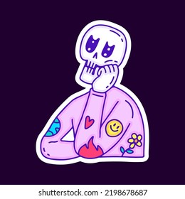 Calavera con dibujos animados de una pose soñadora, ilustración para camisetas, pegatinas o prendas de vestir. Con estilo pop moderno y retro.