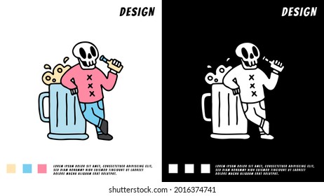 skull drink beers cartoon. illustration for t shirt, poster, logo, sticker, or apparel merchandise.