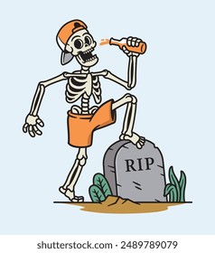 skull drinking beer in cemetery illustration