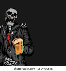 skull drinking beer illustration for commercial use