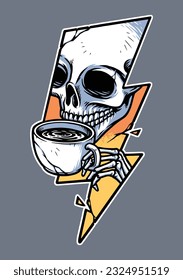 skull drinking coffee and lightning bolt shape