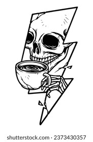 skull drinking coffee and lightning bolt shape