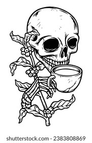 skull drinking coffee and coffee tree line illustration
