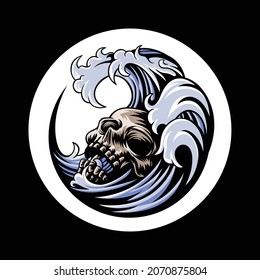 skull drowning in a waves logo ,this cool and fierce image is suitable for e - sport team logos or extreme sports like surfing ,skateboard  etc, can be used t-shirt or merchandise design