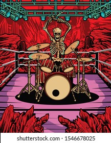 skull drumer playing drum on the wrestler ring illustration