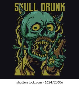 Skull Drunk Cartoon Funny Illustration