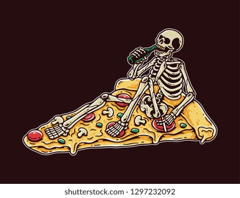 Skull Drunk on a Pizza with Dark Background