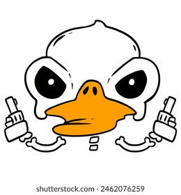 Schädel, Entenkopf, niedliche lustige Enten, Druckgrafik-Stil, Holzschnitt, niedliche Tiere Clipart Vektorgrafik.