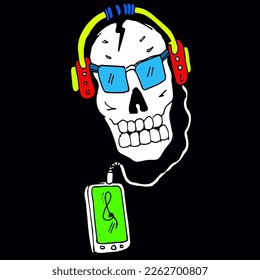  skull with earphones, doodle vector