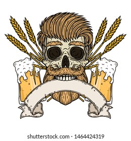 Skull with ears of wheat, glass of beer and ribbon for your text