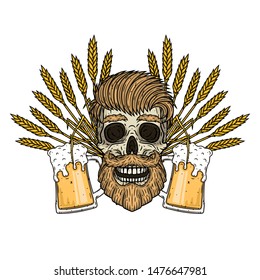 Skull with ears of wheat and glass of beer