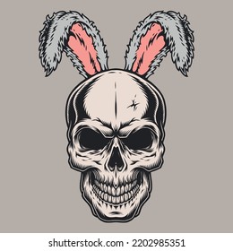 Skull Easter bunny vintage emblem colorful creepy face with hare ears and dead man smile for fancy party vector illustration