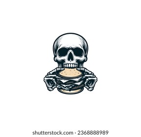 skull eating burger, skull food logo design illustration