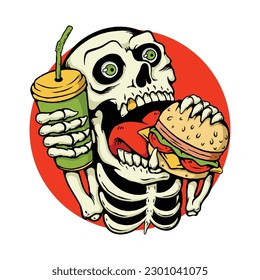 Skull Eating Burger Illustration Cartoon