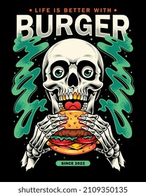 skull eating burger. For t-shirts, stickers and other similar products.