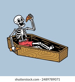 skull eating pizza in coffin illustration