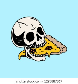 SKULL EATING PIZZA SLICE COLOR BLUE BACKGROUND