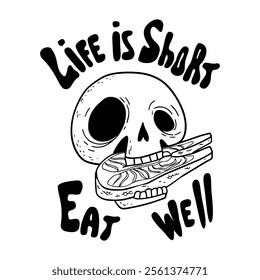 Skull eats salmon steak. Vector hand drawn illustration for tattoo.