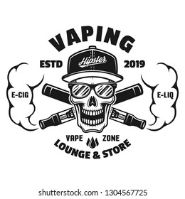 Skull and electronic cigarettes with vape steam monochrome emblem, badge, label or logo isolated on white background
