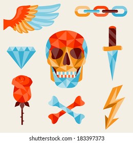 Skull and elements with colored geometric design.