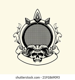 Skull emblem, badge, label, logo or t-shirt print with monochrome vintage style horns, white background.