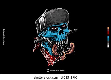 Skull With Emo Hat BMX Riders Bite Bike Cycle Bar Hand Drawing Vector Illustration