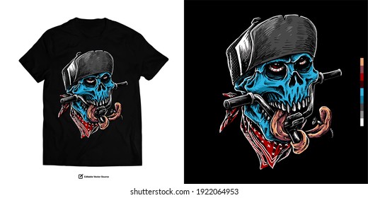 Skull With Emo Hat BMX Riders Bite Bike Cycle Bar Hand Drawing Vector Illustration T shirt Design