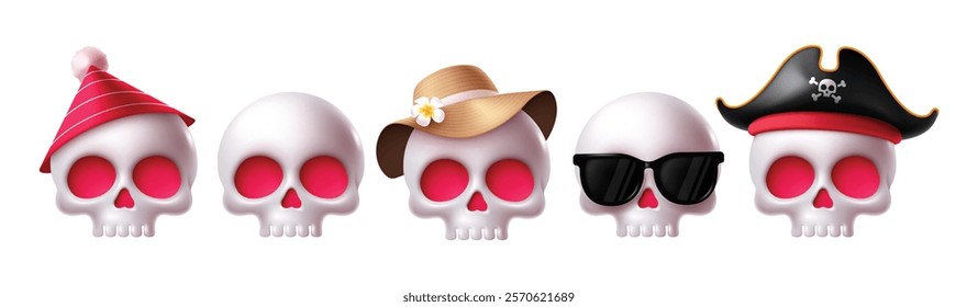 Skull emoji clipart characters set. Emojis in creepy, scary, spooky and horror head skeleton wearing costume elements with sad face. Vector illustration skull emoticon clip art collection.