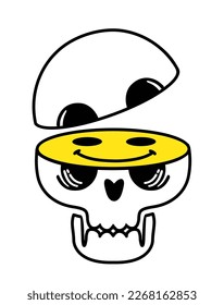 Skull emoticons, emojis. Optimism. Positive thinking. Halloween T-shirt sticker, logo, tattoo. Skull with happy face black in white background