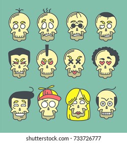 Skull emotion icons set. Skeleton colorful faces. Vector illustrations. Emoji. Dia de los muertos